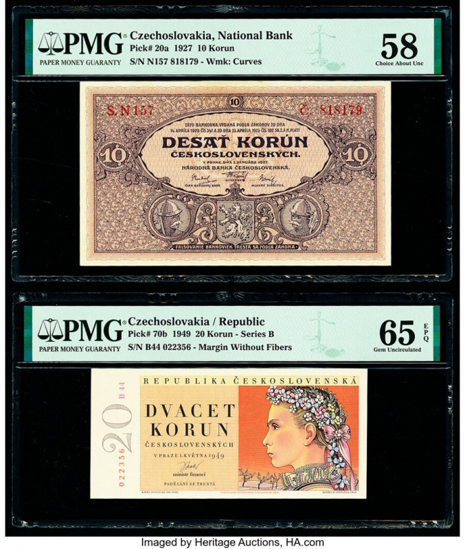 Czechoslovakia Czechoslovak National Bank 10; 20 Korun 1927; 1949 Pick 20a; 70b ...