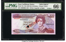 East Caribbean States Central Bank 20 Dollars ND (1987-88) Pick 19s Specimen PMG Gem Uncirculated 66 EPQ. Red Specimen overprints and one POC.

HID098...