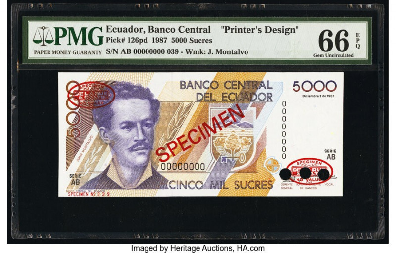 Ecuador Banco Central del Ecuador 5000 Sucres 1987 Pick 126pd Printer's Design P...