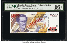 Ecuador Banco Central del Ecuador 5000 Sucres 1987 Pick 126pd Printer's Design PMG Gem Uncirculated 66 EPQ. Red Specimen & TDLR overprint's along with...