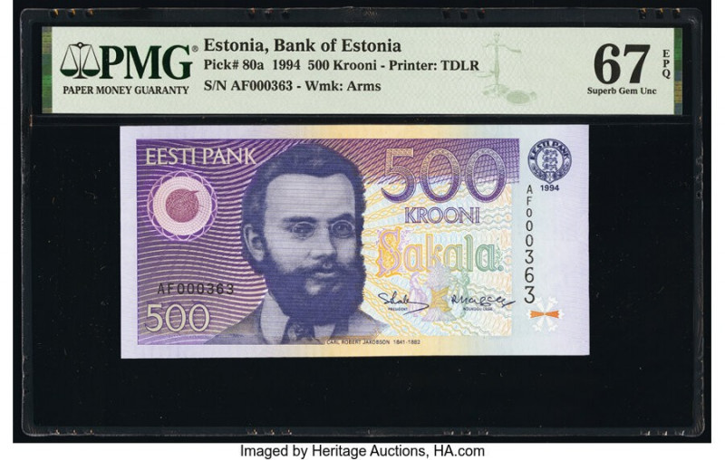 Estonia Bank of Estonia 500 Krooni 1994 Pick 80a PMG Superb Gem Unc 67 EPQ. 

HI...