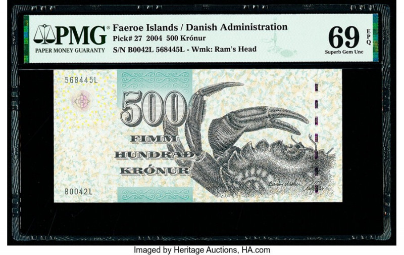 Faeroe Islands Foroyar 500 Kronur 2004 Pick 27 PMG Gem Uncirculated 69 EPQ. 

HI...