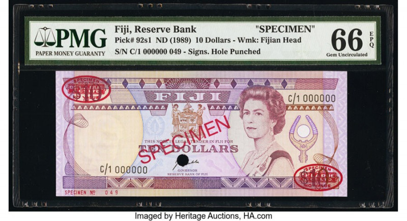 Fiji Reserve Bank of Fiji 10 Dollars ND (1989) Pick 92s1 Specimen PMG Gem Uncirc...