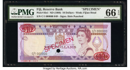 Fiji Reserve Bank of Fiji 10 Dollars ND (1989) Pick 92s1 Specimen PMG Gem Uncirculated 66 EPQ. Red Specimen & TDLR overprints along with one POC.

HID...