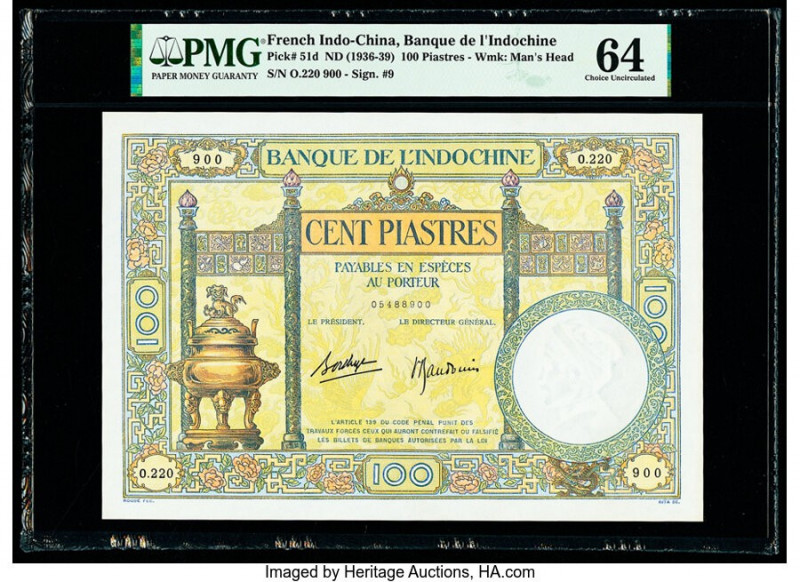 French Indochina Banque de l'Indo-Chine 100 Piastres ND (1936-39) Pick 51d PMG C...