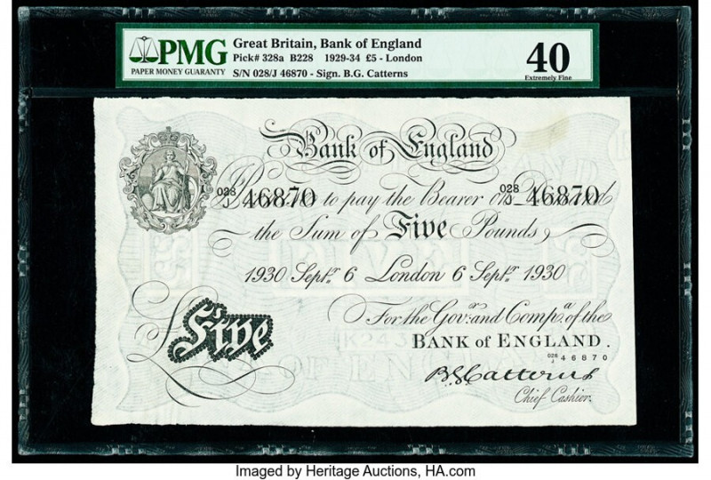 Great Britain Bank of England 5 Pounds 6.9.1930 Pick 328a PMG Extremely Fine 40....