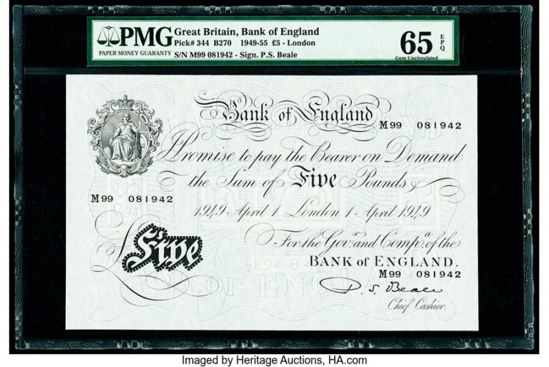 Great Britain Bank of England 5 Pounds 1.4.1949 Pick 344 PMG Gem Uncirculated 65...