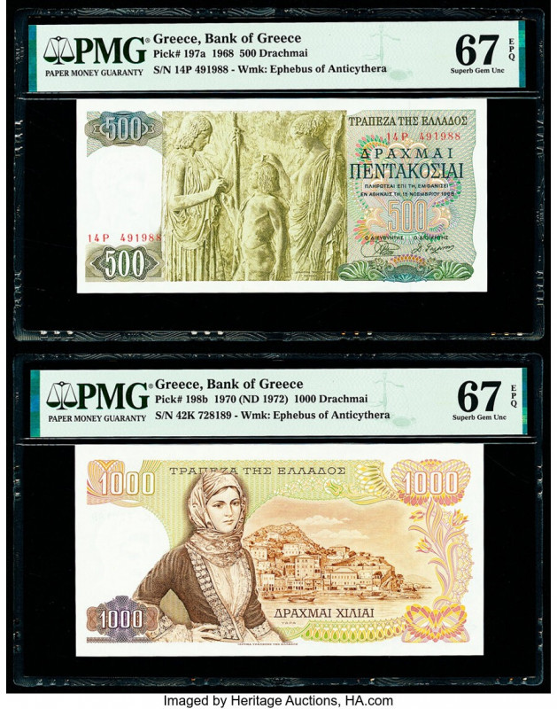 Greece Bank of Greece 500; 1000 Drachmai 1968; 1970 (ND 1972) Pick 197a; 198b Tw...