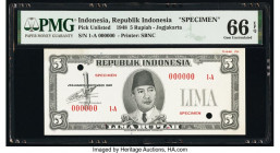 Indonesia Republik Indonesia 5 Rupiah 11.9.1948 Pick UNL Specimen PMG Gem Uncirculated 66 EPQ. Red Specimen overprints and two POCs.

HID09801242017

...