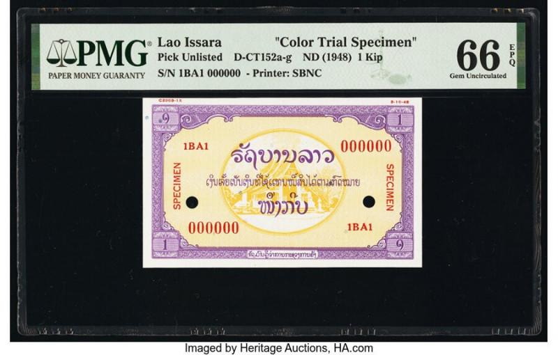 Lao Issara 1 Kip ND (1948) Pick UNL Color Trial Specimen PMG Gem Uncirculated 66...