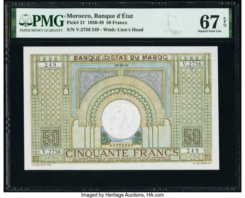 Morocco Banque d'Etat du Maroc 50 Francs 28.10.1947 Pick 21 PMG Superb Gem Unc 6...