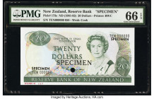 New Zealand Reserve Bank of New Zealand 20 Dollars ND (1981-92) Pick 173s Specimen PMG Gem Uncirculated 66 EPQ. Black Specimen overprints and one POC....