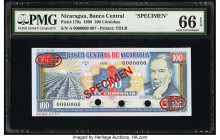 Nicaragua Banco Central 100 Cordobas 1990 Pick 178s Specimen PMG Gem Uncirculated 66 EPQ. Red Specimen & TDLR overprints along with three POCS.

HID09...