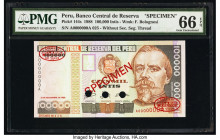 Peru Banco Central de Reserva 100,000 Intis 1988 Pick 144s Specimen PMG Gem Uncirculated 66 EPQ. Red TDLR & Specimen overprints along with three POCs....