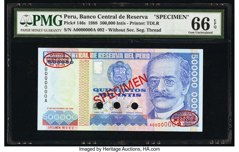 Peru Banco Central de Reserva 500,000 Intis 1988 Pick 146s Specimen PMG Gem Unci...