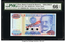 Peru Banco Central de Reserva 500,000 Intis 1988 Pick 146s Specimen PMG Gem Uncirculated 66 EPQ. Red Specimen & TDLR overprints along with three POCs....