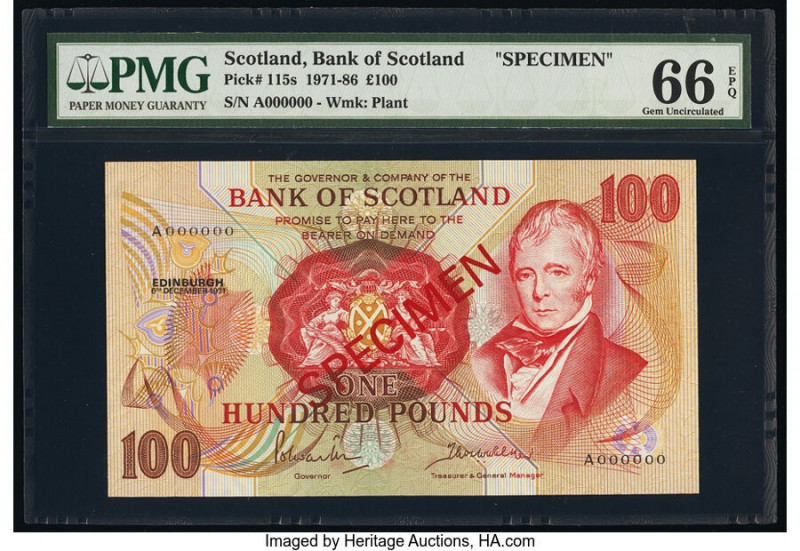 Scotland Bank of Scotland 100 Pounds 6.12.1971 Pick 115s Specimen PMG Gem Uncirc...