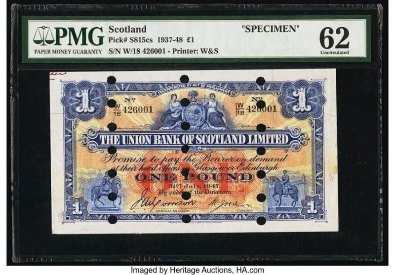 Scotland Union Bank of Scotland Ltd. 1 Pound 31.7.1947 Pick S815cs Specimen PMG ...