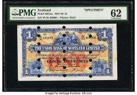 Scotland Union Bank of Scotland Ltd. 1 Pound 31.7.1947 Pick S815cs Specimen PMG Uncirculated 62. Twenty-one POCs, previous mounting and Printer's anno...