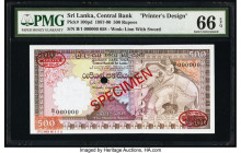Sri Lanka Central Bank of Sri Lanka 500 Rupees 1.1.1987 Pick 100pd Printer's Design Specimen PMG Gem Uncirculated 66 EPQ. Red TDLR & Specimen overprin...