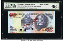 Uruguay Banco Central Del Uruguay 50 Nuevos Pesos ND (1988-89) Pick 61As Specimen PMG Gem Uncirculated 66 EPQ. Red Specimen & TDLR overprints along wi...