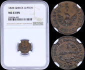 GREECE: 1 Lepton (1828) (type A.1) in copper with phoenix with converging rays. Variety "103-B.b" by Peter Chase. Coin alignment. Inside slab by NGC "...