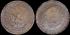 GREECE: 5 Lepta (1828) (type A.2) in copper with phoenix with unconcentrated rays. Variety "139-I.e" (rare) by Peter Chase. Coin alignment. Damaged ri...