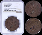 GREECE: 20 Lepta (1831) in copper with phoenix. Variety "485-H.h" by Peter Chase. Inside slab by NGC "AU DETAILS - ENVIRONMENTAL DAMAGE". (Hellas 19).