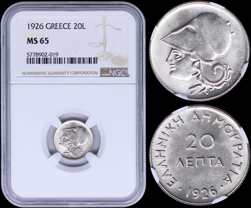 GREECE: 20 Lepta (1926) in copper-nickel with head of Goddess Athena facing left...