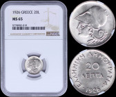 GREECE: 20 Lepta (1926) in copper-nickel with head of Goddess Athena facing left. Inside slab by NGC "MS 65". (Hellas 170).