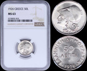 GREECE: 50 Lepta (1926) in copper-nickel with head of Goddess Athena facing left. Inside slab by NGC "MS 63". (Hellas 171).