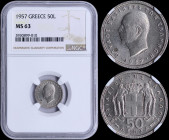 GREECE: 50 Lepta (1957) in copper-nickel with head of King Paul facing left and inscription "ΠΑΥΛΟΣ ΒΑΣΙΛΕΥΣ ΤΩΝ ΕΛΛΗΝΩΝ". Inside slab by NGC "MS 63"....