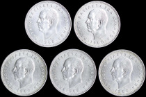 GREECE: Lot of 5x 20 Drachmas (1960) in silver (0,835) with head of King Paul facing left and inscription "ΠΑΥΛΟΣ ΒΑΣΙΛΕΥΣ ΤΩΝ ΕΛΛΗΝΩΝ". Personificati...