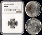 GREECE: 50 Lepta (1964) in copper-nickel with head of King Paul facing left and inscription "ΠΑΥΛΟΣ ΒΑΣΙΛΕΥΣ ΤΩΝ ΕΛΛΗΝΩΝ". Inside slab by NGC "MS 64"....