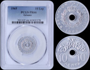GREECE: 10 Lepta (1965) in copper-nickel with Royal Crown and inscription "ΒΑΣΙΛΕΙΟΝ ΤΗΣ ΕΛΛΑΔΟΣ". Inside slab by PCGS "PF 66".