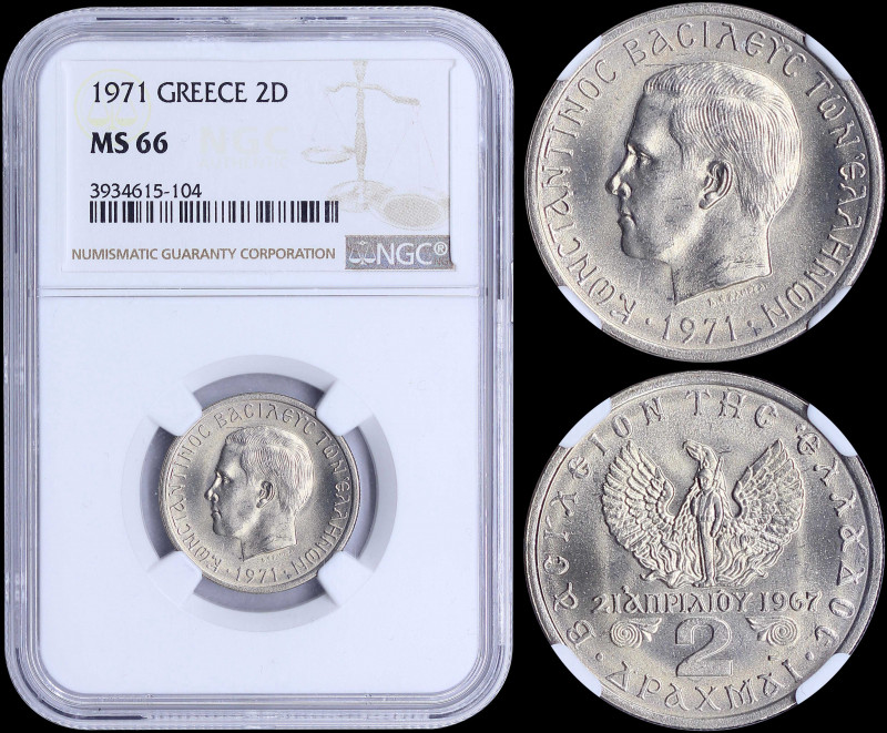GREECE: 2 Drachmas (1971) (type II) with head of Constantine II facing left and ...