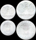GREECE: Lot of 50 Drachmas + 100 Drachmas (1970) in silver (0,900) commemorating the April 21st 1967, with phoenix and soldier. (Hellas 241+242). Unci...