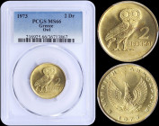 GREECE: 2 Drachmas (1973) in nickel-brass with phoenix and inscription "ΕΛΛΗΝΙΚΗ ΔΗΜΟΚΡΑΤΙΑ". Owl on reverse. Inside slab by PCGS "MS 66". (Hellas 248...