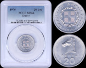 GREECE: 20 Lepta (1976) in aluminum with national Arms and inscription "ΕΛΛΗΝΙΚΗ ΔΗΜΟΚΡΑΤΙΑ". Horses head on reverse. Inside slab by PCGS "MS 66". (He...