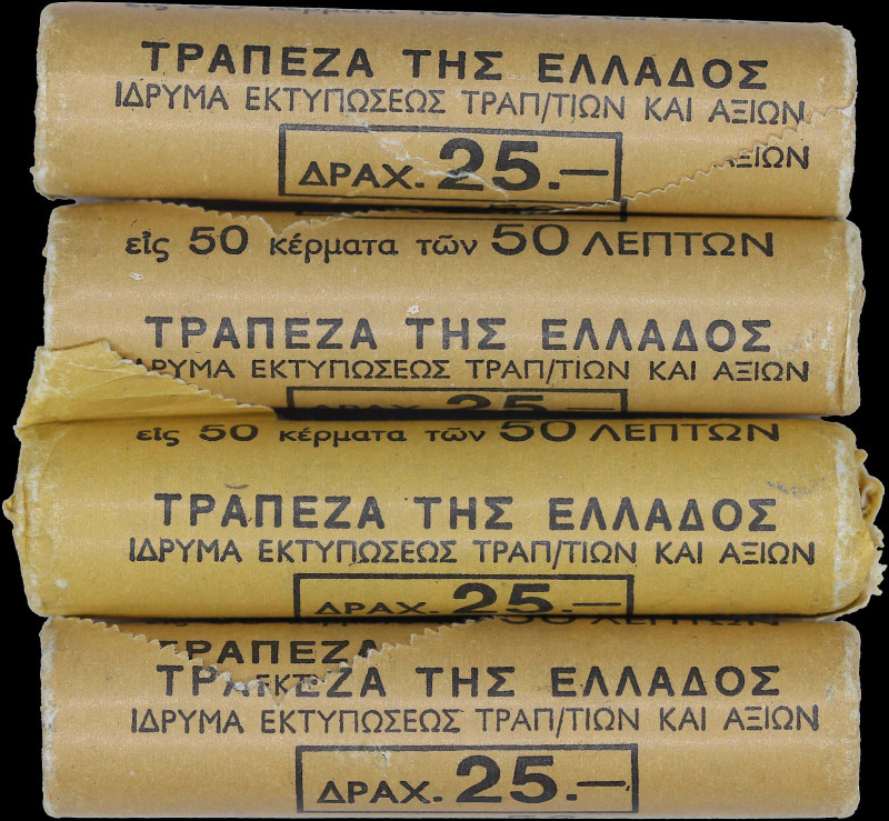 GREECE: Four rolls of which each contains 50x 50 Lepta (1982) in nickel-brass wi...