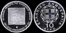 GREECE: 10 Euro (2003) in silver (0,925) commemorating the Hellenic Presidency of E.U.. Inside its official case and CoA with no "006285". (Hellas CE....