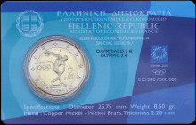 GREECE: 2 Euro (2004) bi-metallic with an ancient statue depicting a discus thrower trying to drop the disc. Inside official coincard with no "013240/...