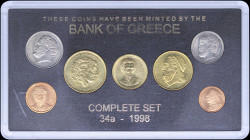 GREECE: Coin set (1998) composed of 1 Drachma, 2 Drachmas, 5 Drachmas, 10 Drachmas, 20 Drachmas, 50 Drachmas and 100 Drachmas of that year. Inside cus...