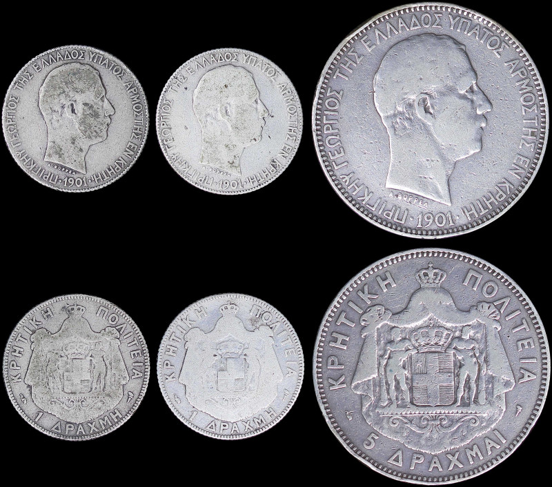 GREECE: Lot of 2x 1 Drachma (1901) and 5 Drachmas (1901) in silver, each bearing...