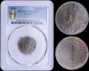 CYPRUS: 1/4 Piastre (1926) in bronze with crowned bust of King George V facing left. Denomination within circle on reverse. Inside slab by PCGS "MS 64...