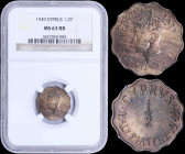 CYPRUS: 1/2 Piastre (1949) in bronze with crowned head of King George VI facing left. Denomination above date within wreath on reverse. Inside slab by...