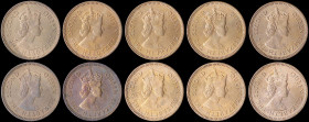 CYPRUS: 10x 3 Mils (1955) in bronze with crowned bust of Queen Elizabeth II facing right. (KM 33) & (Fitikides 92). One coin is About Uncirculated and...