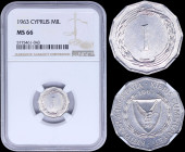 CYPRUS: 1 Mil (1963) in aluminum with shielded Arms within wreath and date above. Inside slab by NGC "MS 66". (KM 38) & (Fitikides 99).