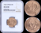 CYPRUS: 5 Mils (1963) in bronze with shielded Arms within wreath and date above. Inside slab by NGC "MS 64 RB". (KM 39) & (Fitikides 102).