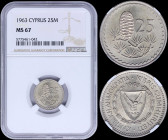CYPRUS: 25 Mils (1963) in copper-nickel with shielded Arms within wreath, date above. Inside slab by NGC "MS 67". (KM 40) & (Fitikides 114).